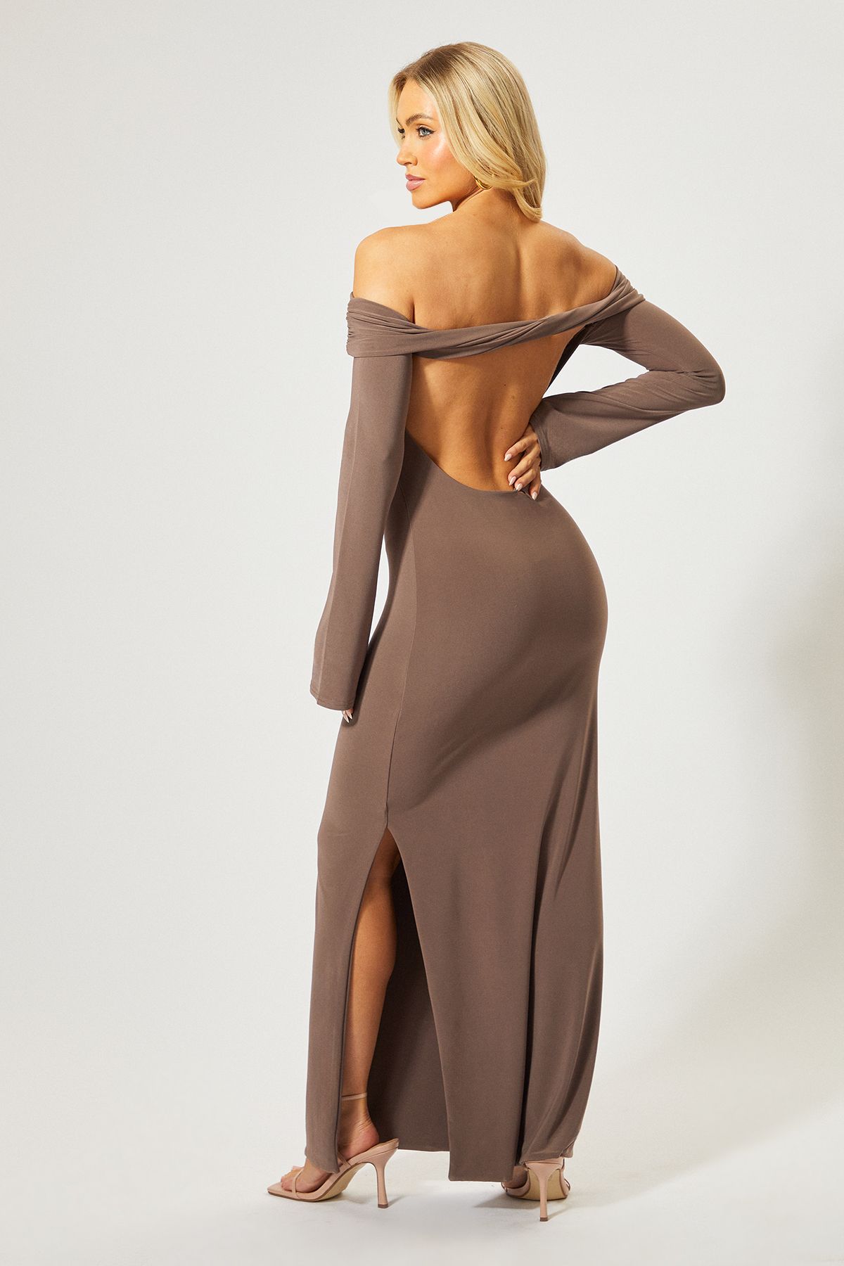MissPap Bardot Fold Over Open Back Maxi Dress Mocha image 4