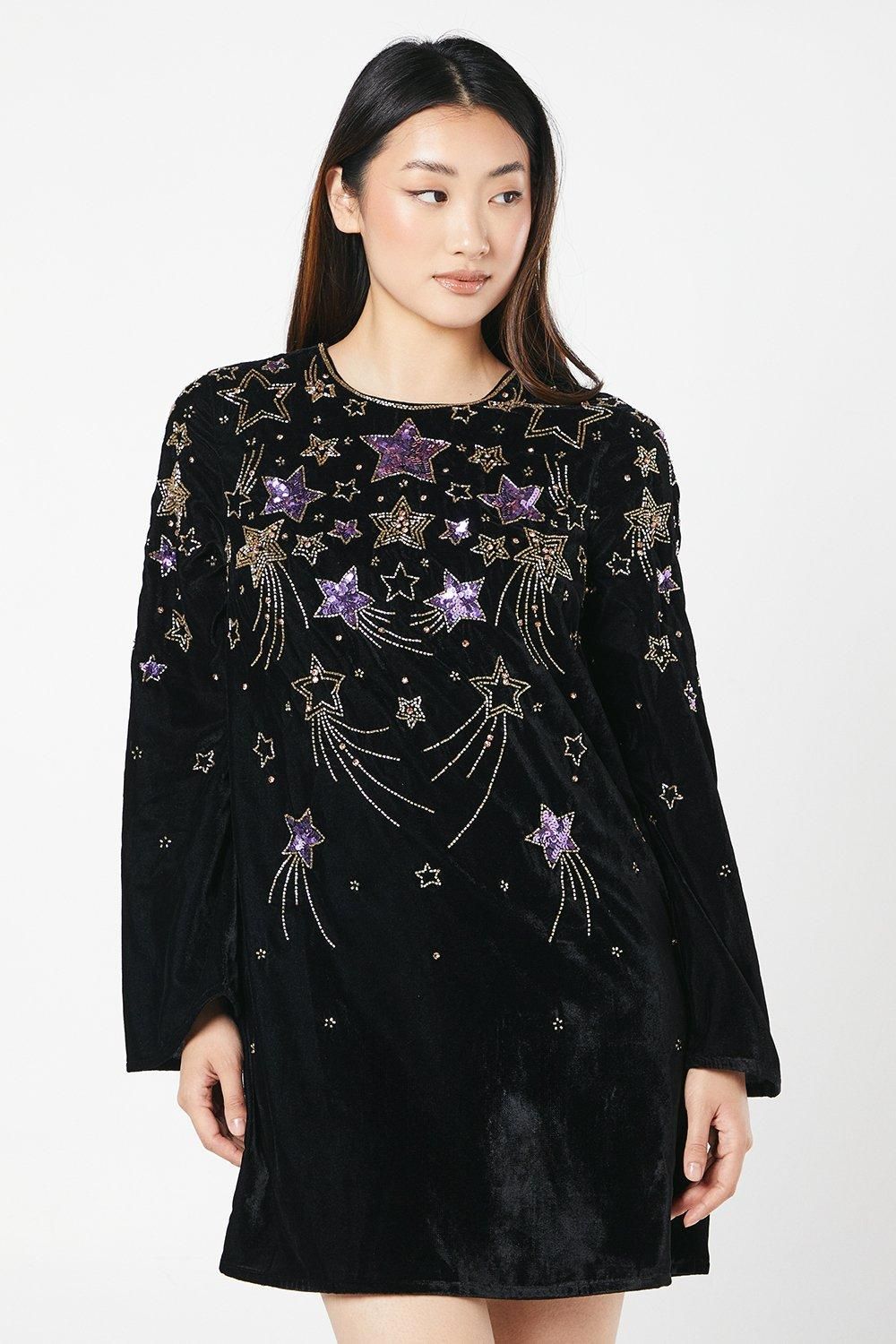Coast Party Sequin Star Long Sleeve Velvet Mini Swing Dress Black image 1