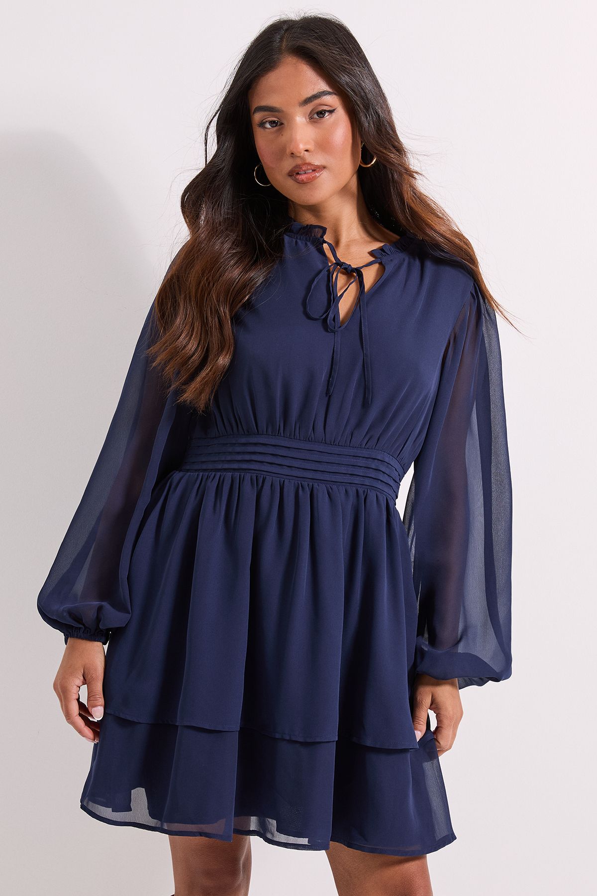 Dorothy Perkins Petite Tie Neck Tiered Skirt Mini Dress Navy image 2