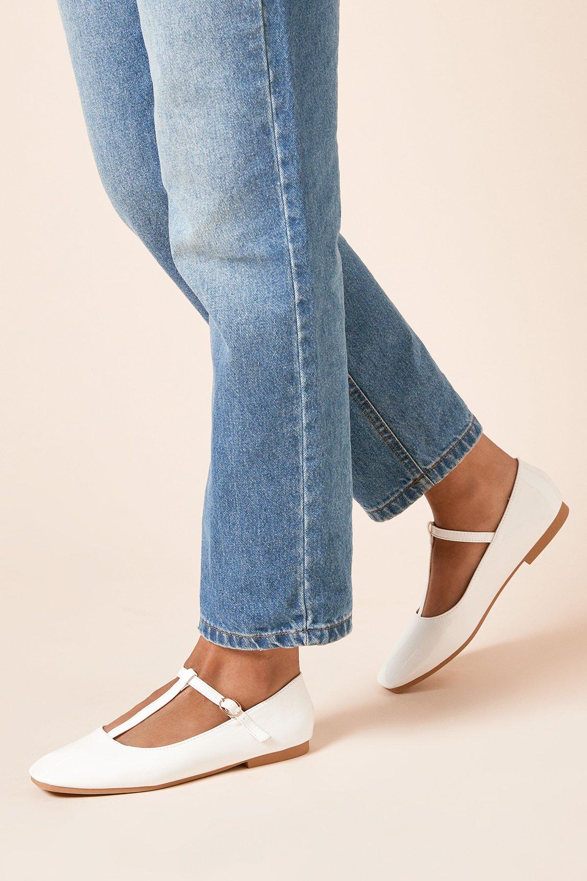 Dorothy Perkins Claudia Faux Patent Leather T-Bar Ballet Pumps White image 1