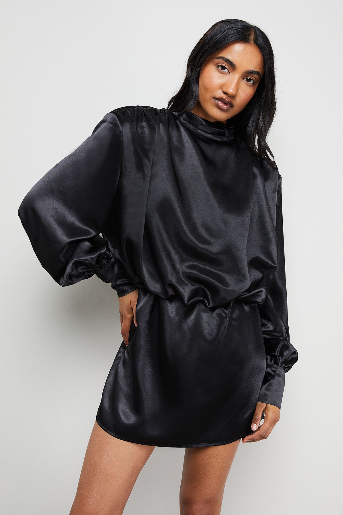 Warehouse Extreme Shoulder Draped Satin Mini Dress Black image 1