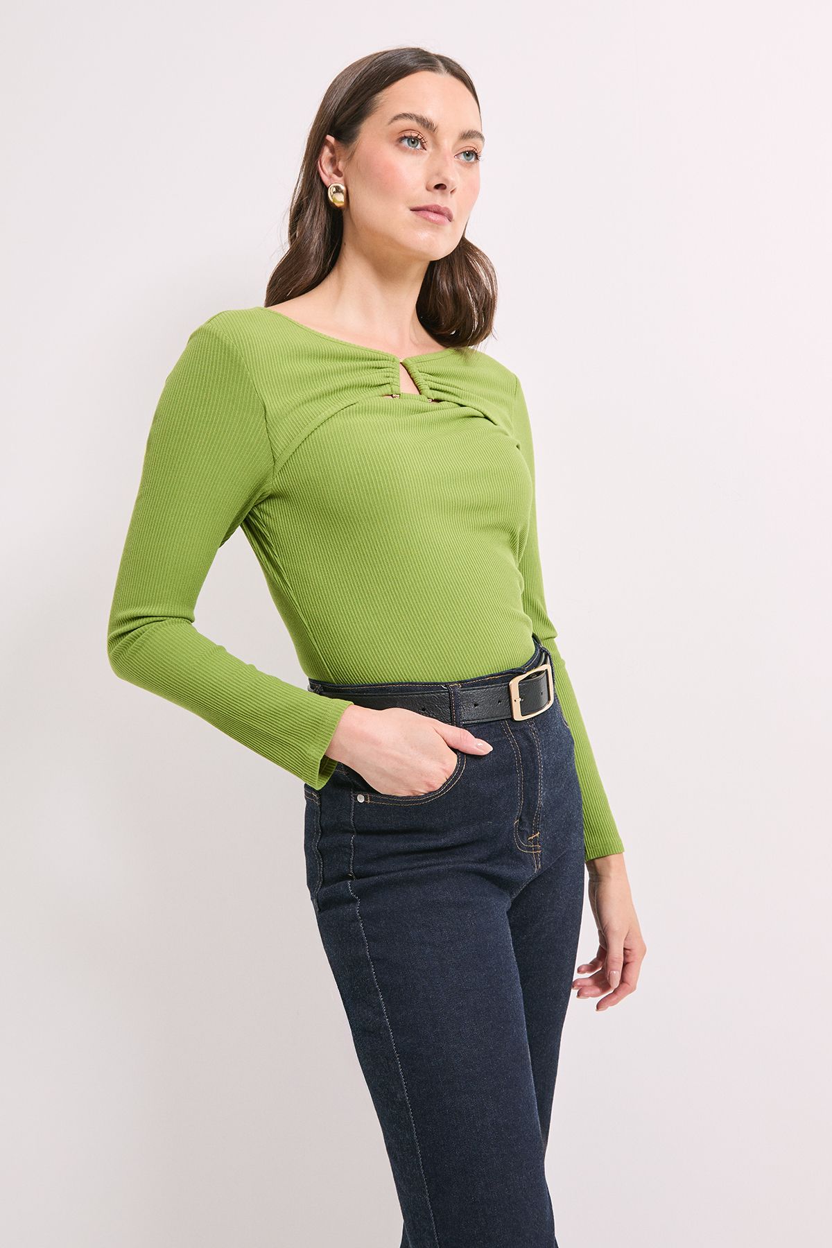 Principles Green Buckle Detail Ribbed Jersey Top Green image 4