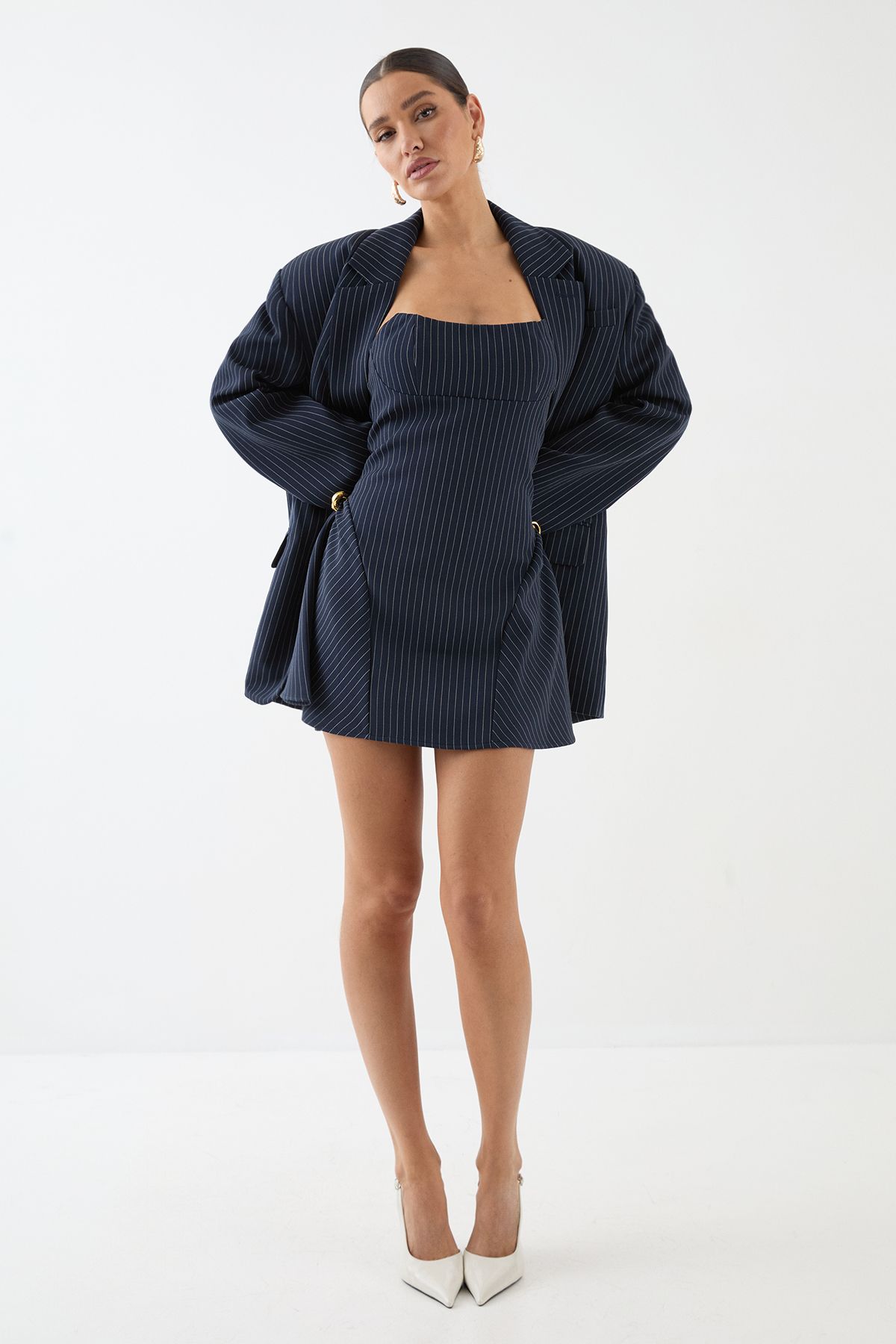 MissPap Premium Pinstripe Tailored Bustier Dress Navy image 1