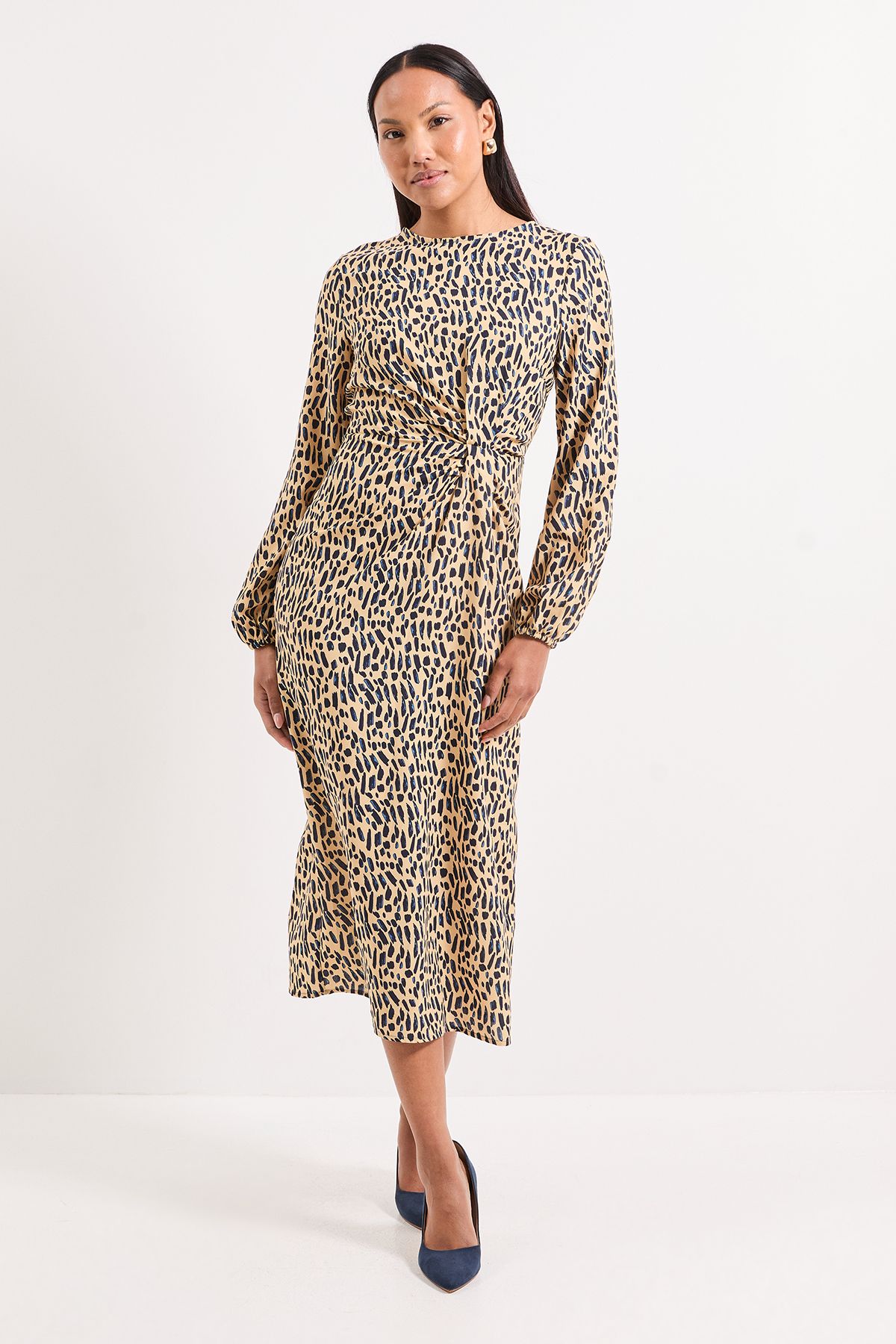 Principles Printed Tuck Front Detail Midi Dress Beige image 1
