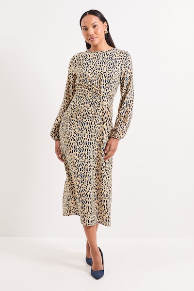 Principles Printed Tuck Front Detail Midi Dress Beige