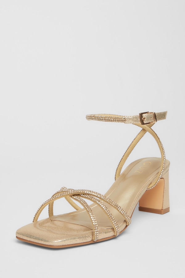 Quiz Gold Diamante Strap Block Heels
