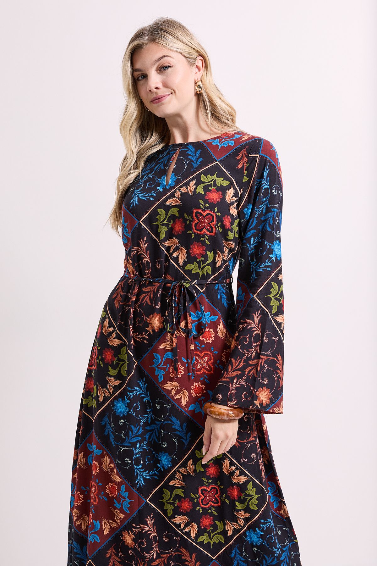 Dorothy Perkins Keyhole Belted Long Sleeve Midi Dress Multi image 2