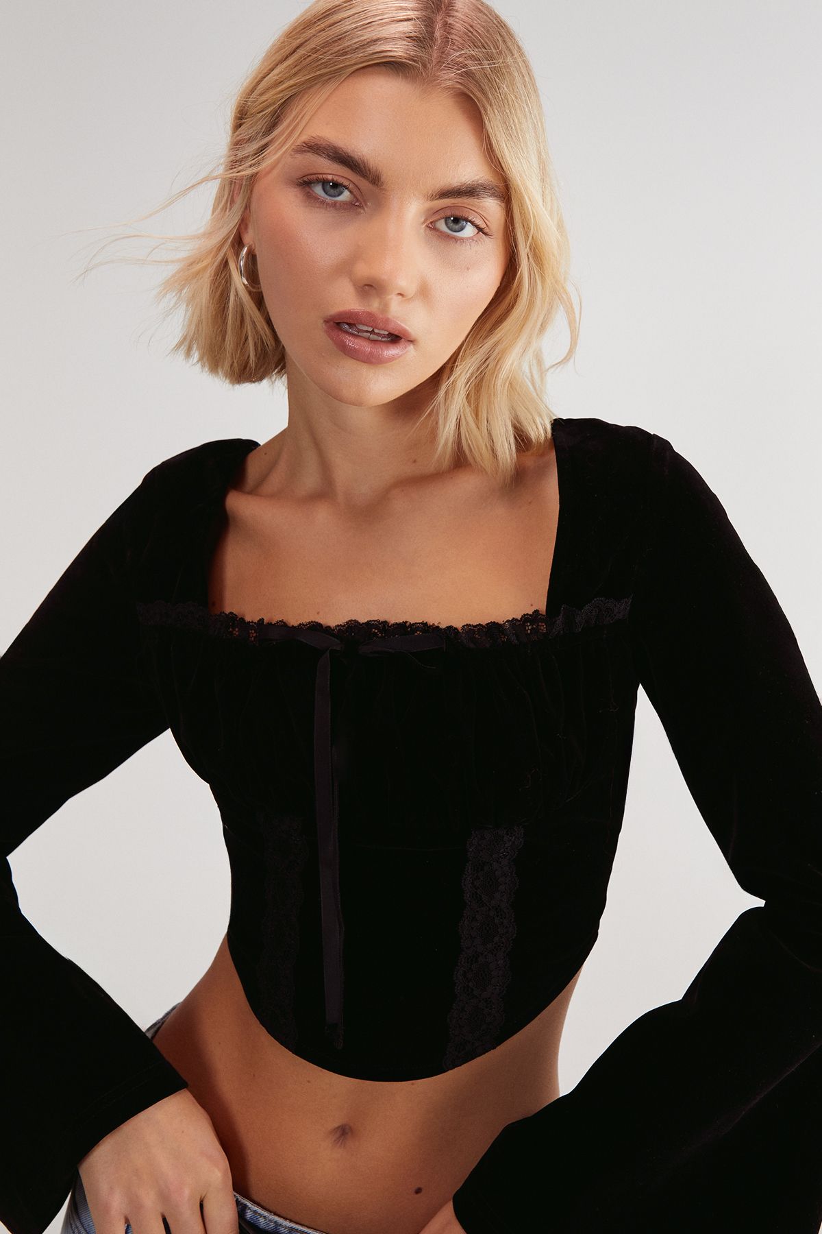 NastyGal Velvet Lace Trim Tie Long Sleeve Corset Top Black image 1