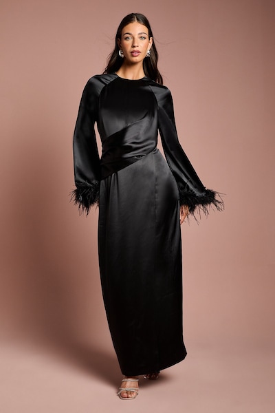 Coast Feather Trim Satin Maxi Dress Black
