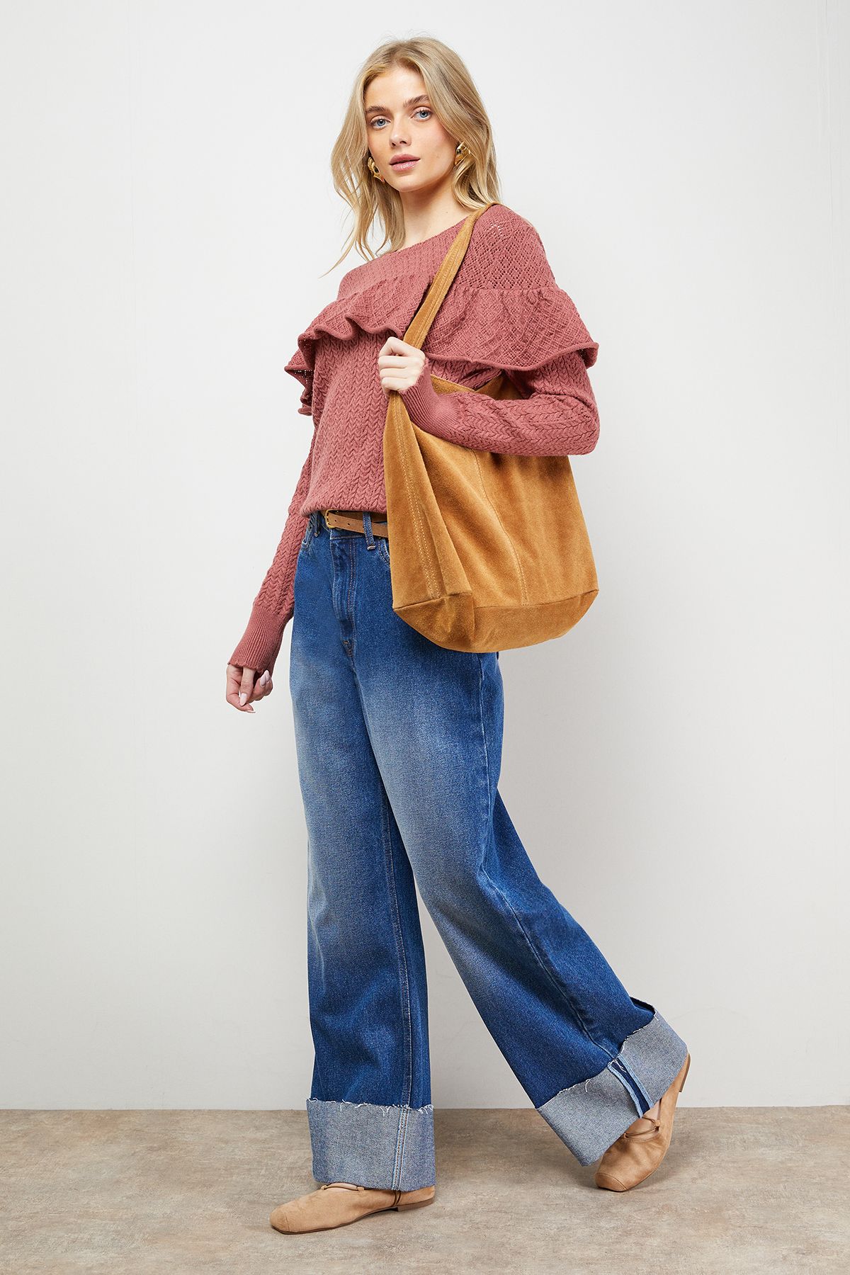 Oasis Frill Yoke Detail Pointelle Jumper Desert Rose image 4