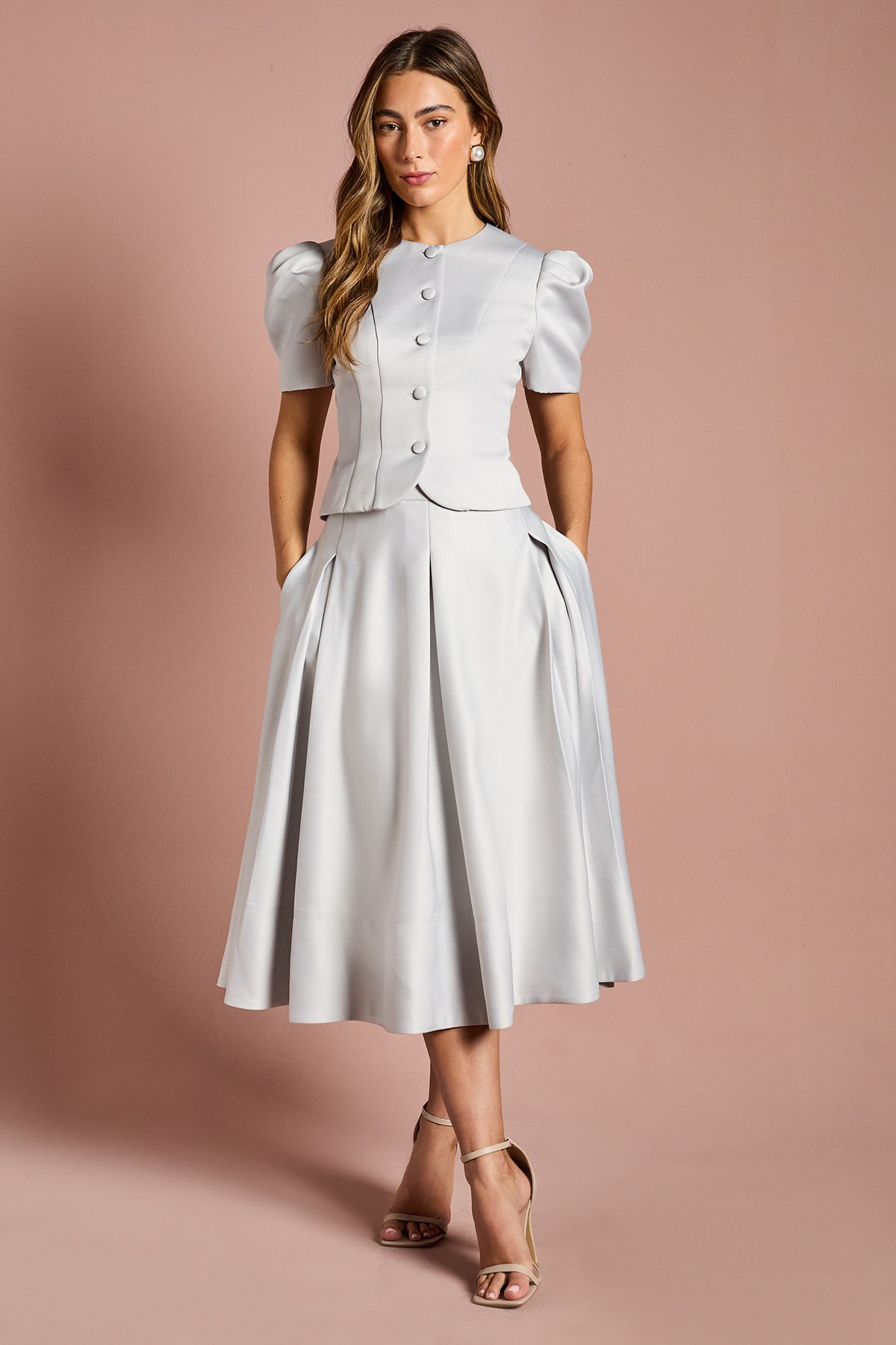 Coast Satin Pleat Front Midi Full Skirt Silver image 2