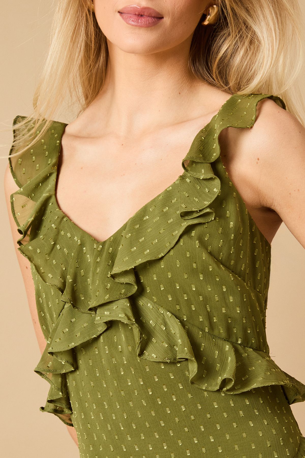 Oasis Dobby Ruffle V Neck Tiered Midi Dress Khaki image 5