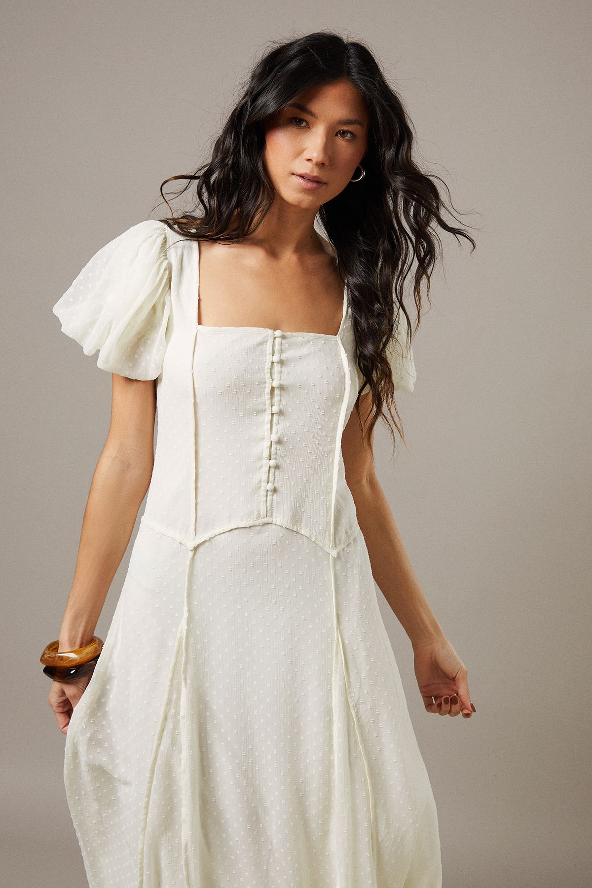 Warehouse Dobby Chiffon Button Bodice Godet Seam Midi Tea Dress Ivory image 2