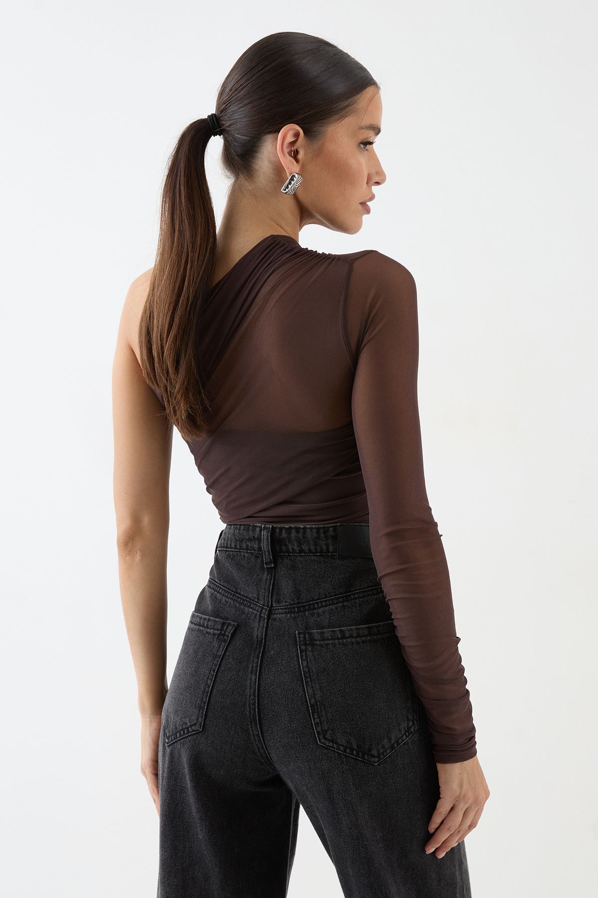 MissPap Mesh One Shoulder Bodysuit Chocolate image 3