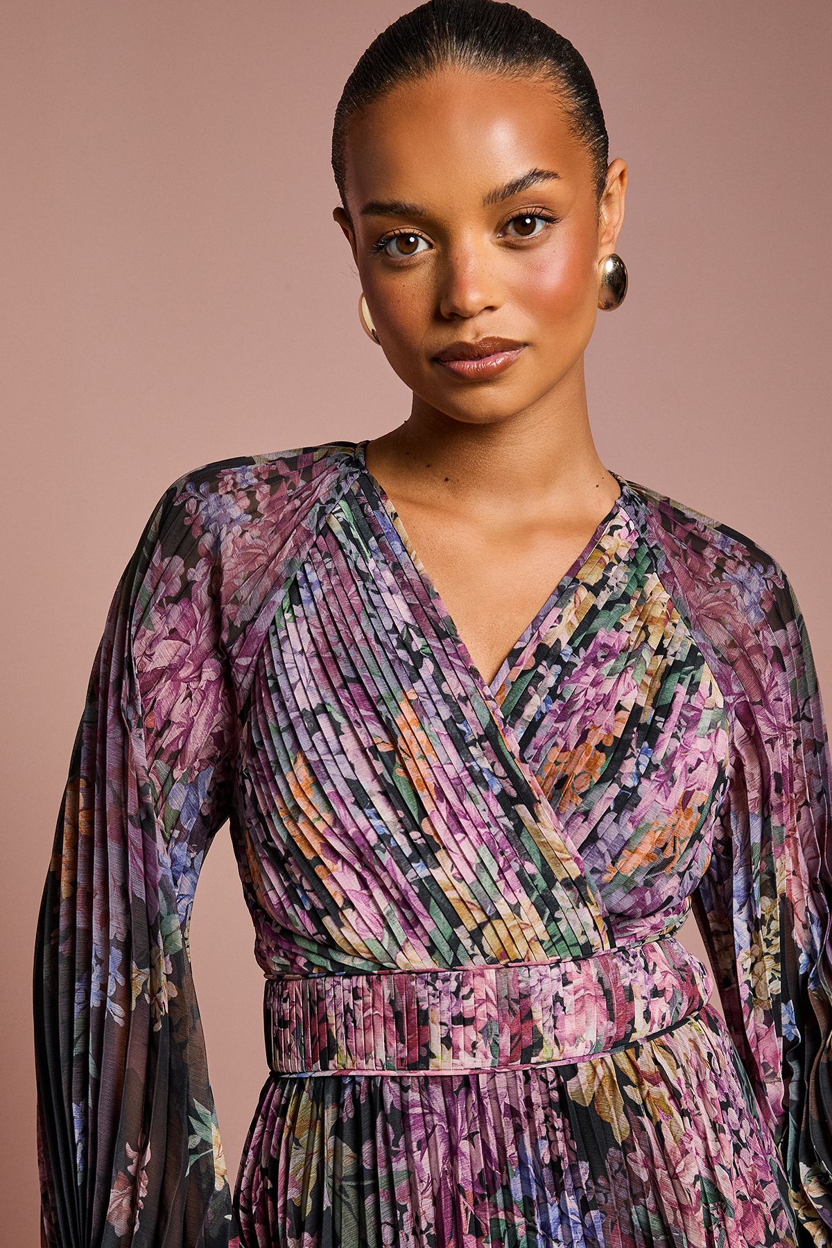 Coast Petite Placement Print Long Sleeve Chiffon Pleated Wrap Dress Black image 4