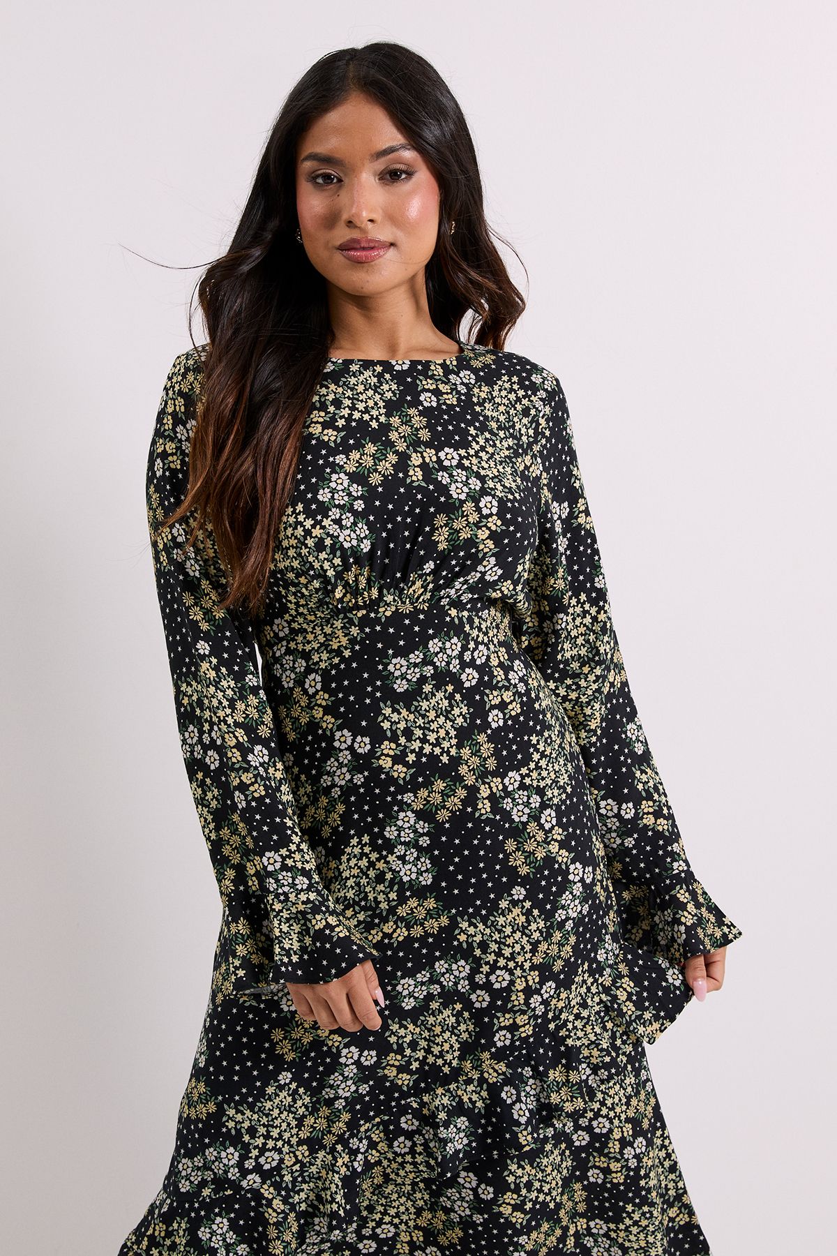 Dorothy Perkins Petite Frill Sleeve Ruffle Detail Printed Midi Dress Black image 2