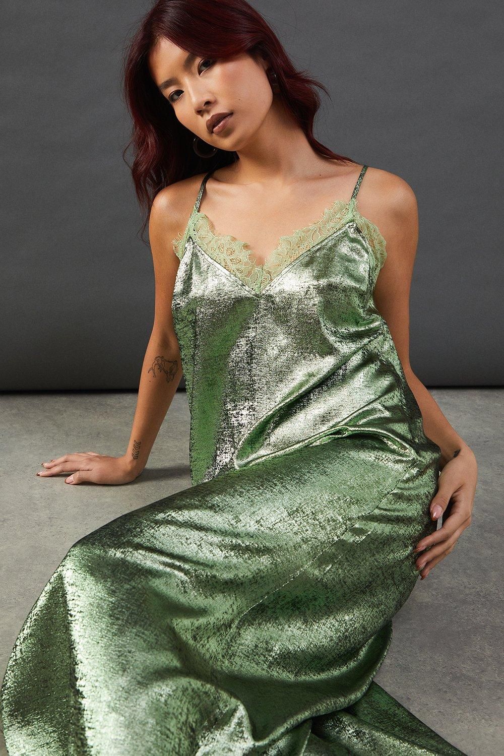Warehouse Metallic Lame Strappy Lace Insert Slip Midi Dress Green image 2