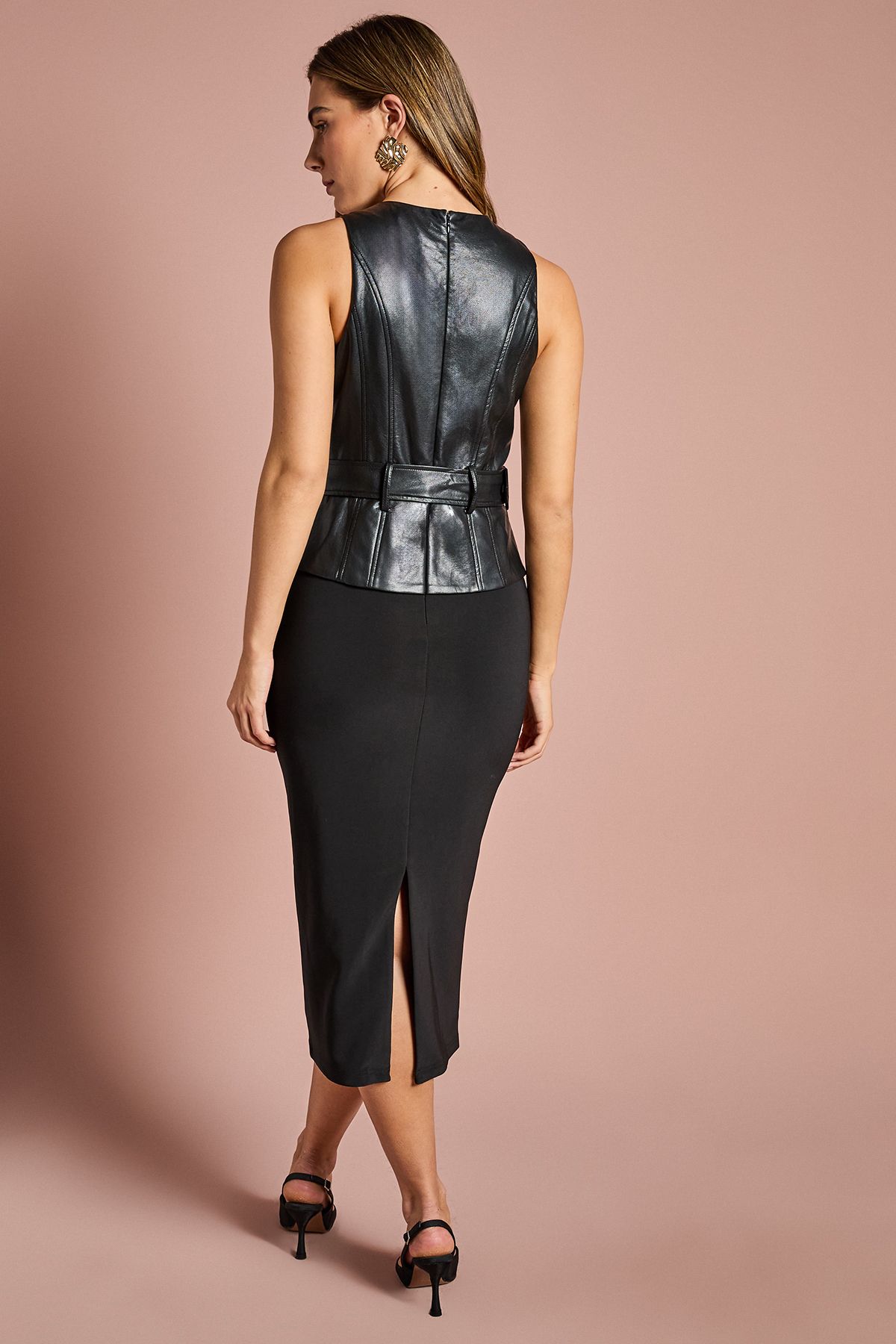 Coast PU Bodice Pencil Midi Dress Black image 3