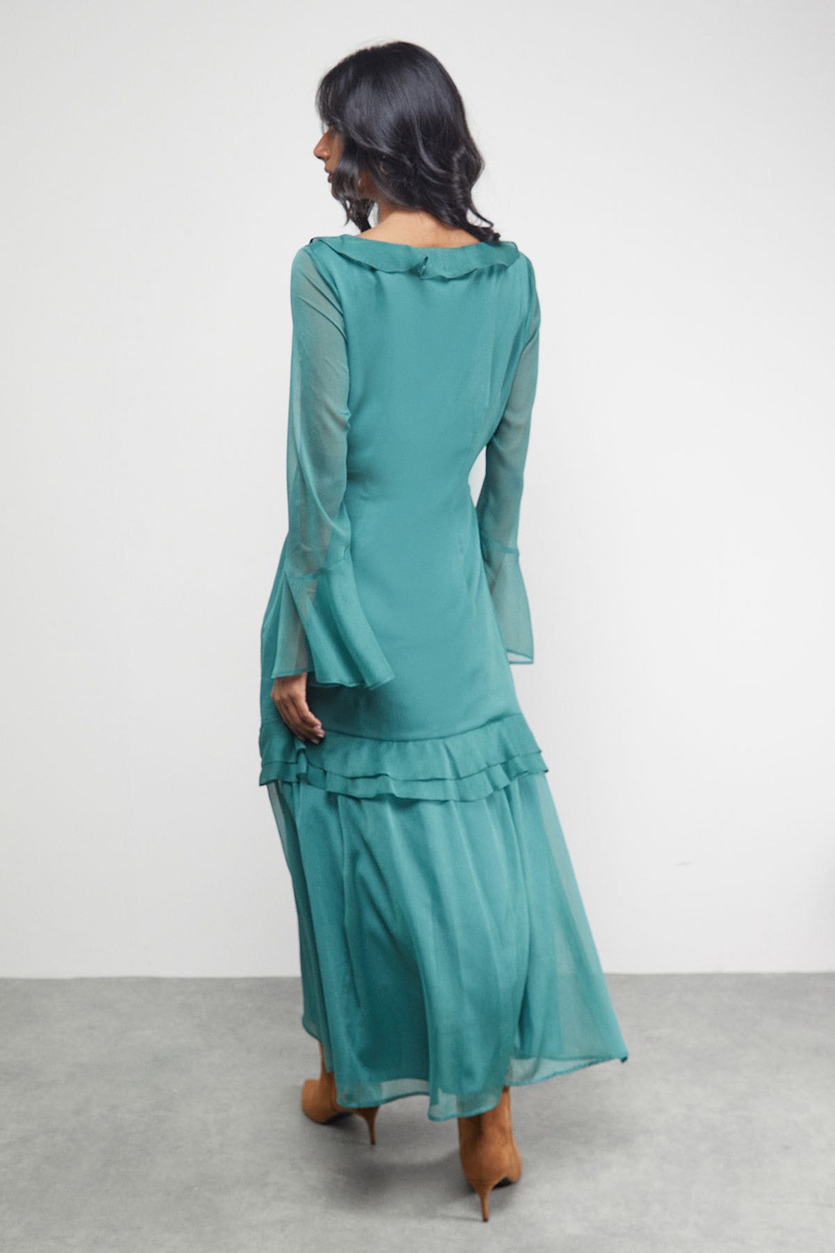 Warehouse Chiffon Ruffle Gathered Bodice Midi Dress Dark Green image 3