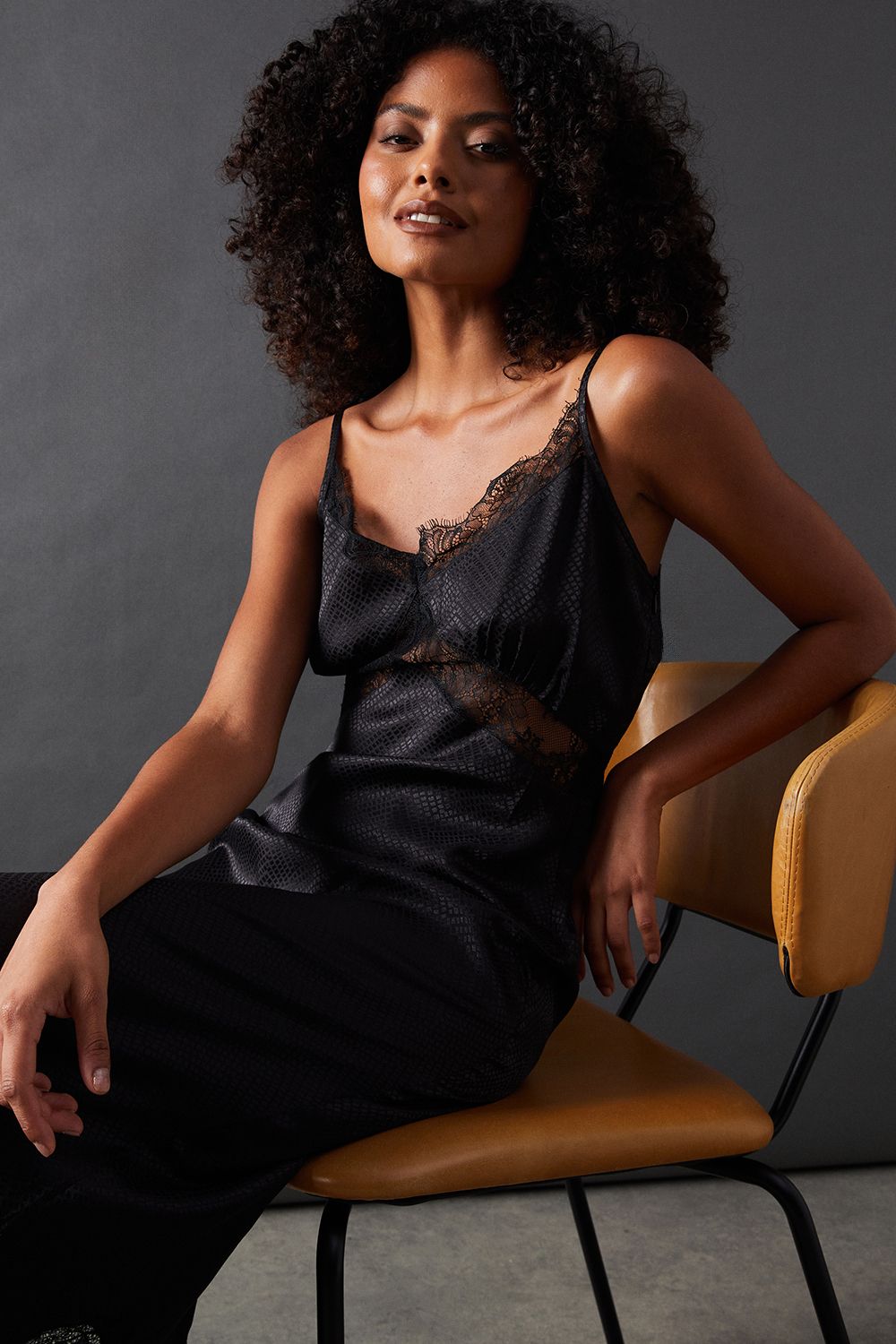 Warehouse Satin Lace Insert Strappy Camisole Midi Slip Dress Black image 4