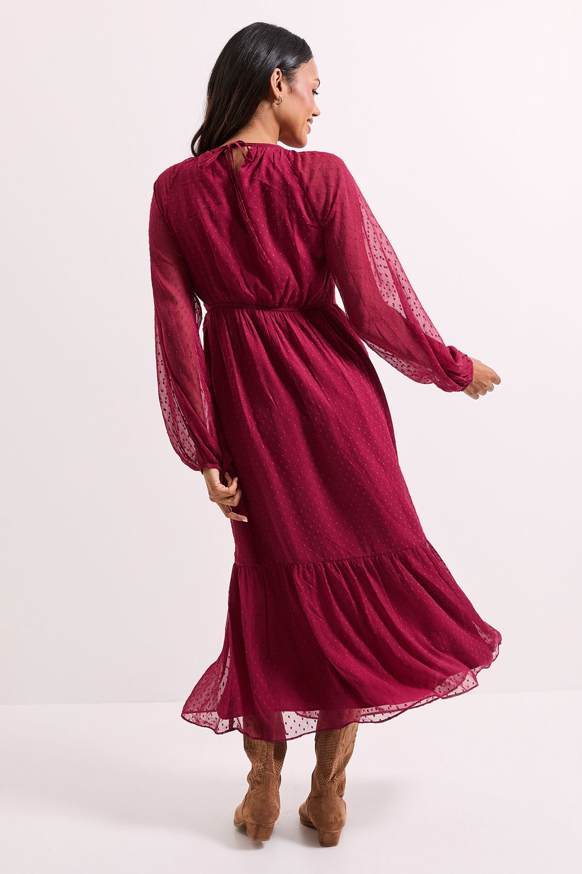 Dorothy Perkins Burgundy Floral Frill Detail Blouson Sleeve Mini Dress Burgundy image 3