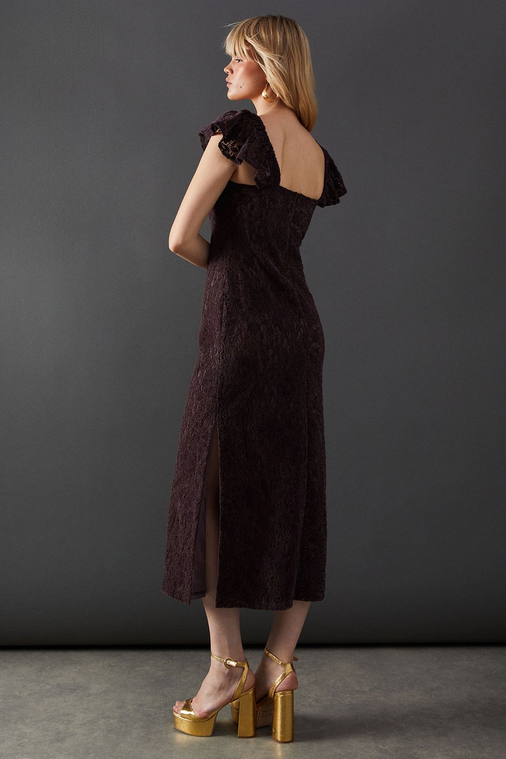 Warehouse Premium Lace Square Neck Frill Strap Midi Dress Aubergine image 3