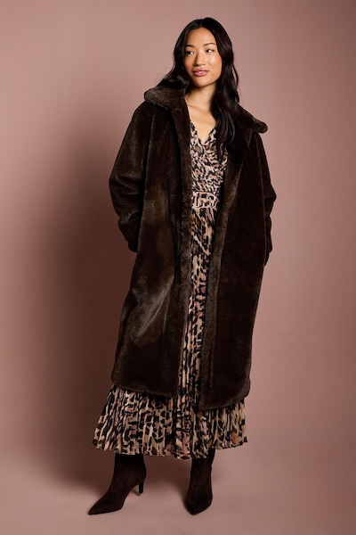 Coast Chocolate Faux Fur Longline Collared Coat Chocolate