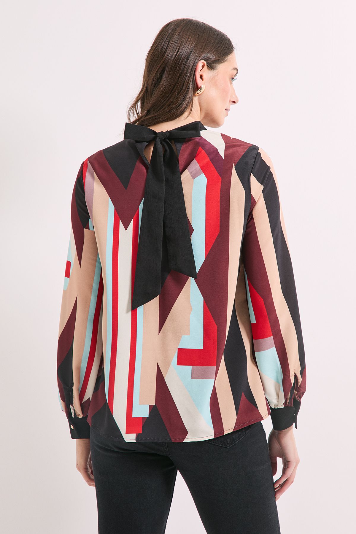 Principles Brown Print High Neck Tie Back Volume Blouse Brown image 3