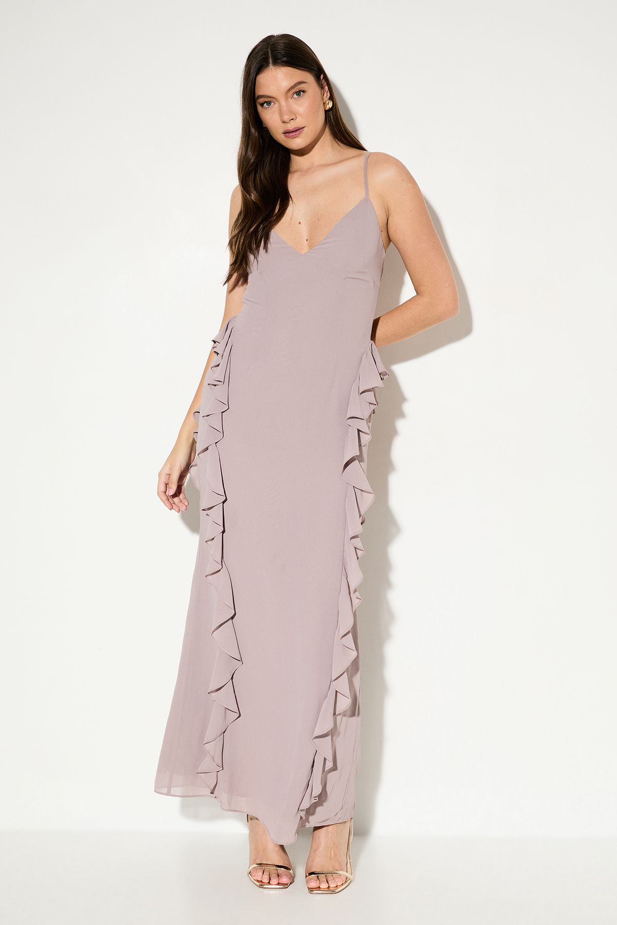 MissPap Ruffle Detail Open Back Maxi Dress Mink image 1