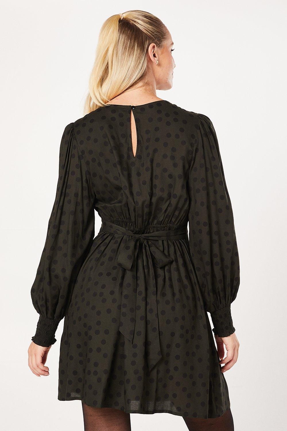 Dorothy Perkins Khaki Spot Shirred Cuff Mini Dress Khaki image 3