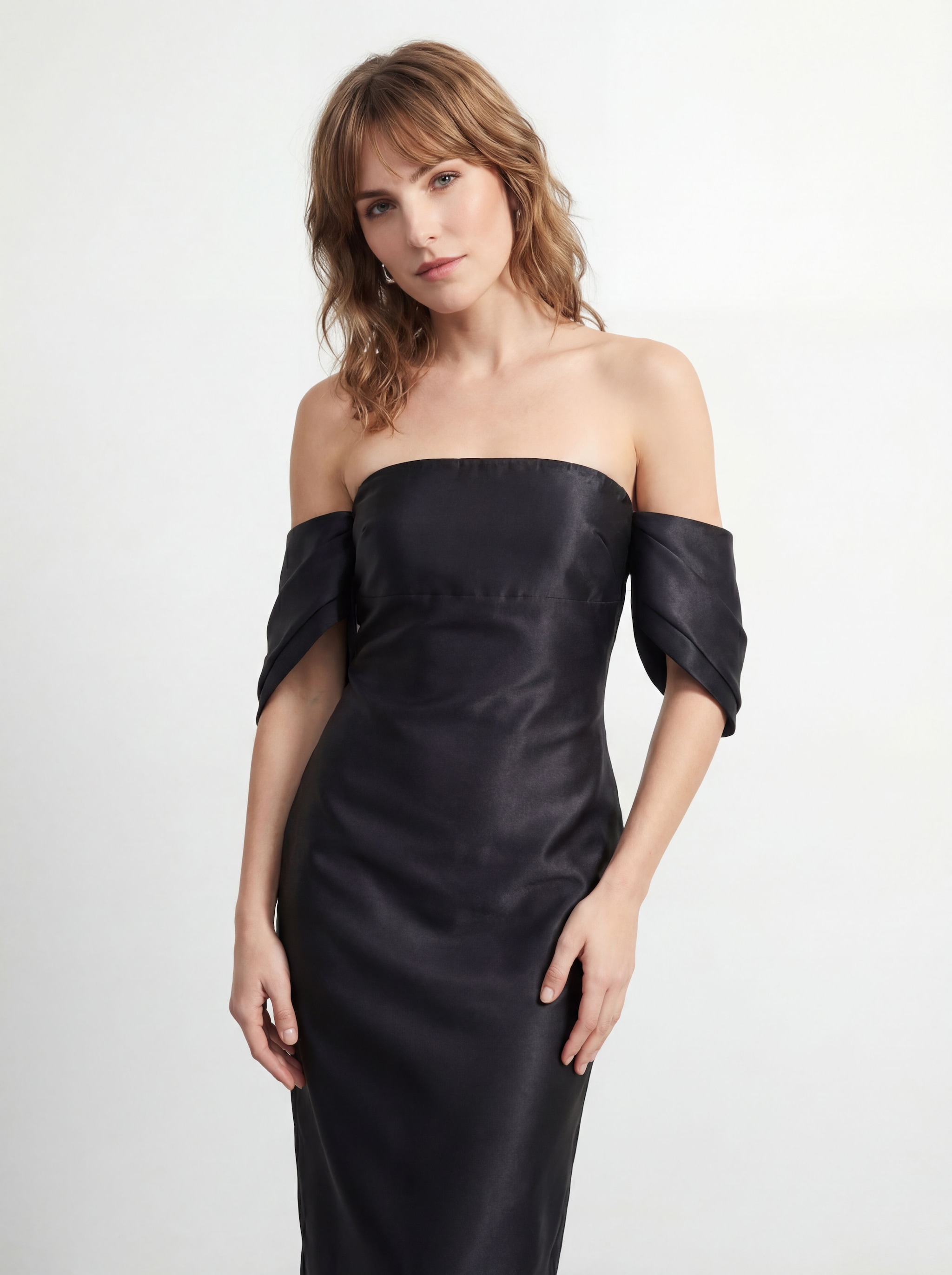 Warehouse Petite Structured Puff Sleeve Bardot Midi Dress Black image 4