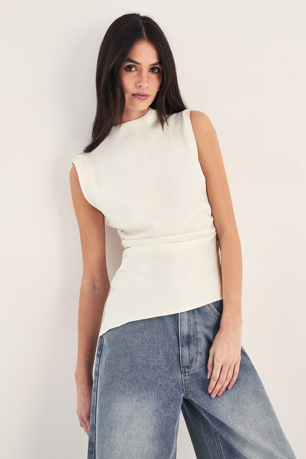 NastyGal Satin Ruched High Neck Top Ivory