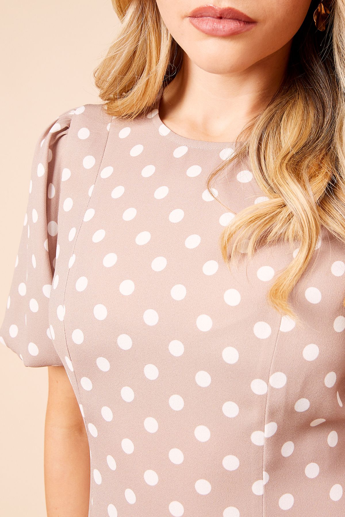 Dorothy Perkins Spot Seamed Body Puff Sleeve Midi Dress Beige image 5