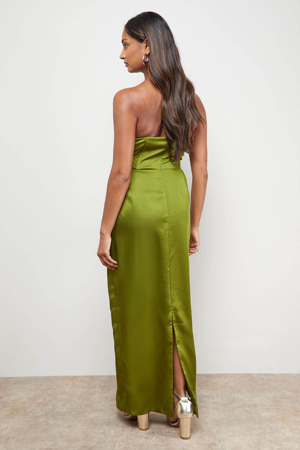 Oasis Satin Bow Front Bandeau Midi Dress Olive image 3
