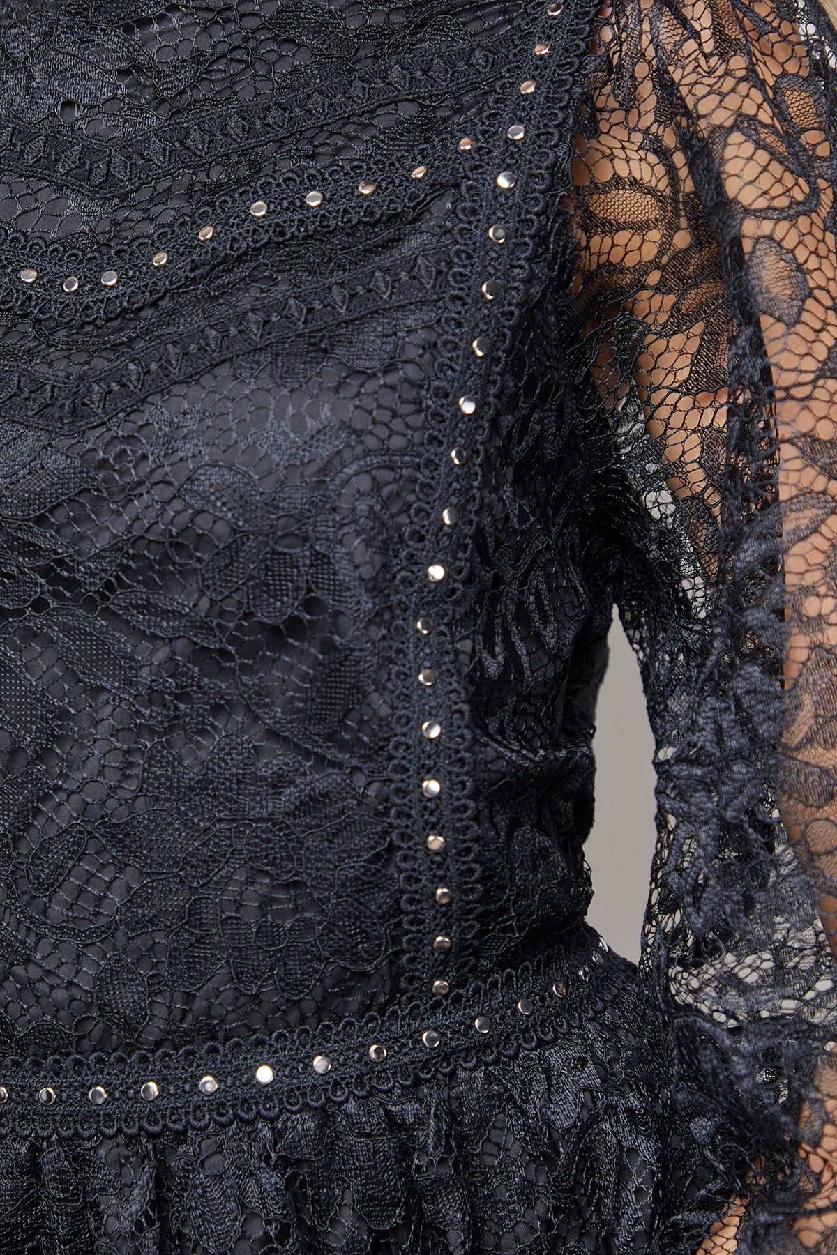 Oasis Lace Trim Long Sleeve Scallop Edge Boho Maxi Dress True Black image 5