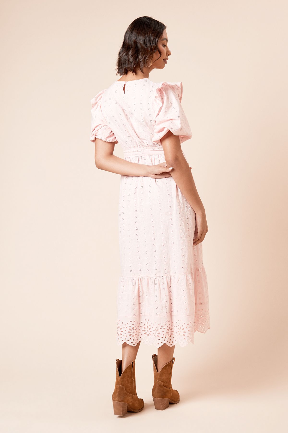 Dorothy Perkins Cutwork Ruffle Sleeve Puff Sleeve Midi Dress Pink image 3