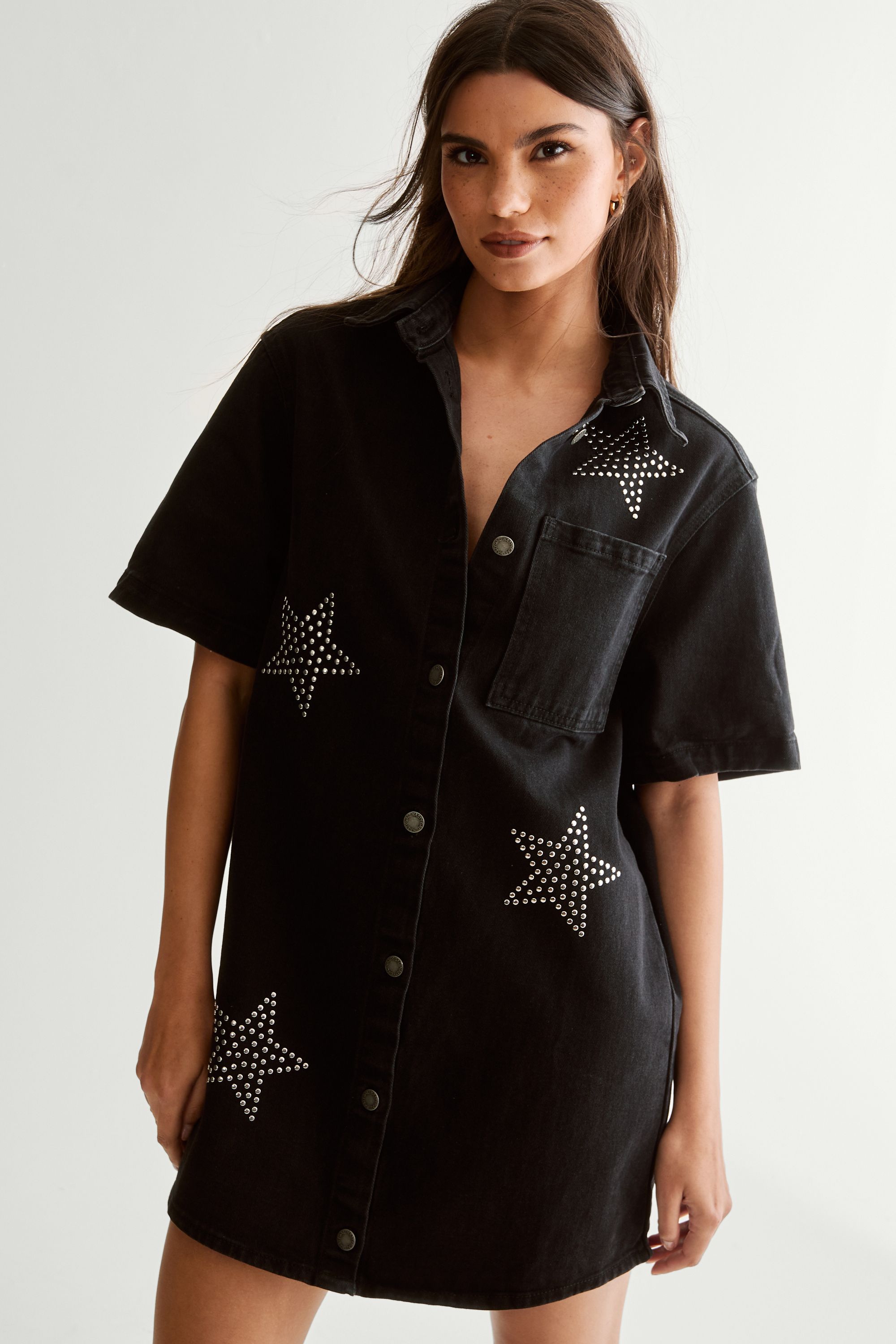 NastyGal Star Studded Denim Shirt Dress Black image 1