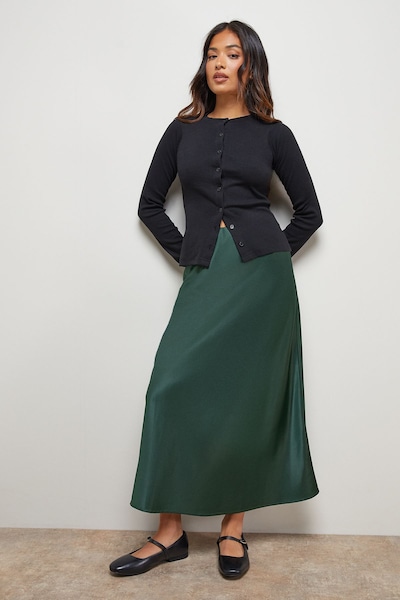 Oasis Petite Satin Bias Cut Midi Skirt Forest