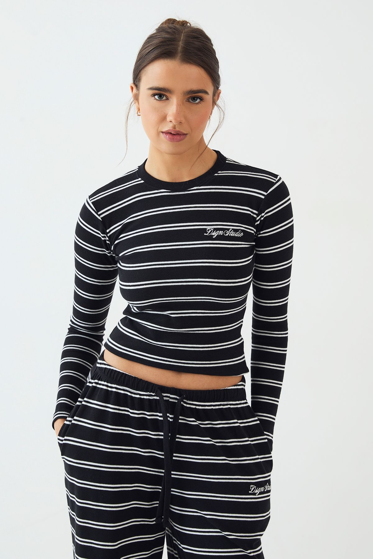 DSGN Studio DSGN Studio Stripe Fitted Long Sleeve Top Black image 3