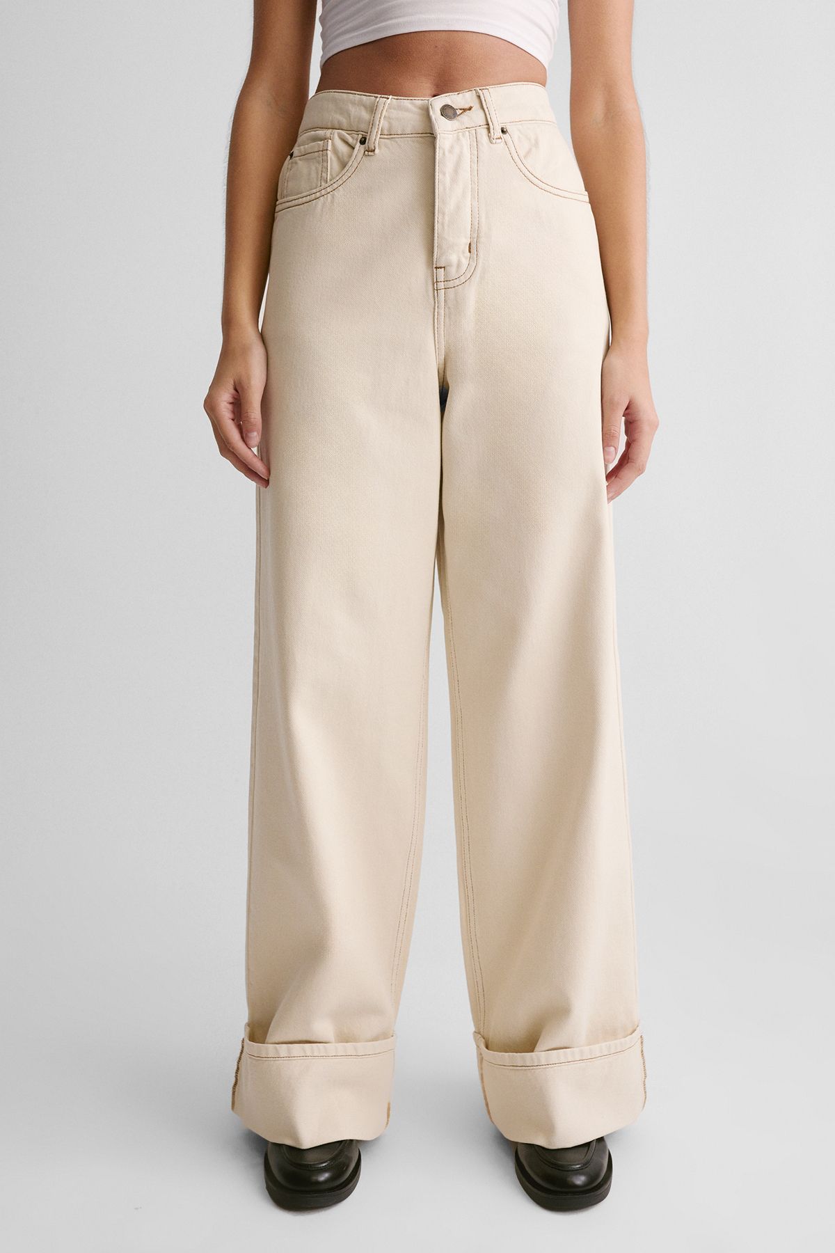 NastyGal The Denim Turn Up Jeans Ecru image 5