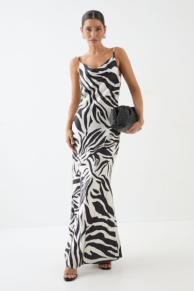 MissPap Zebra Printed Satin Bias Maxi Dress Zebra