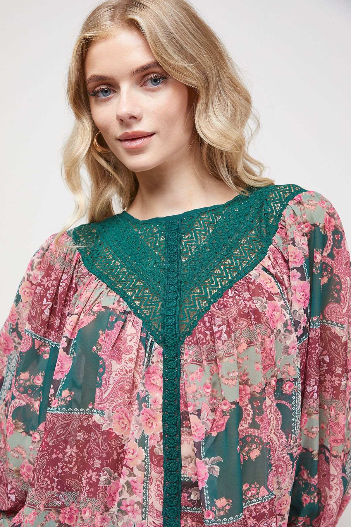 Oasis Printed Lace Yoke Balloon Sleeve Boho Blouse Multi image 4