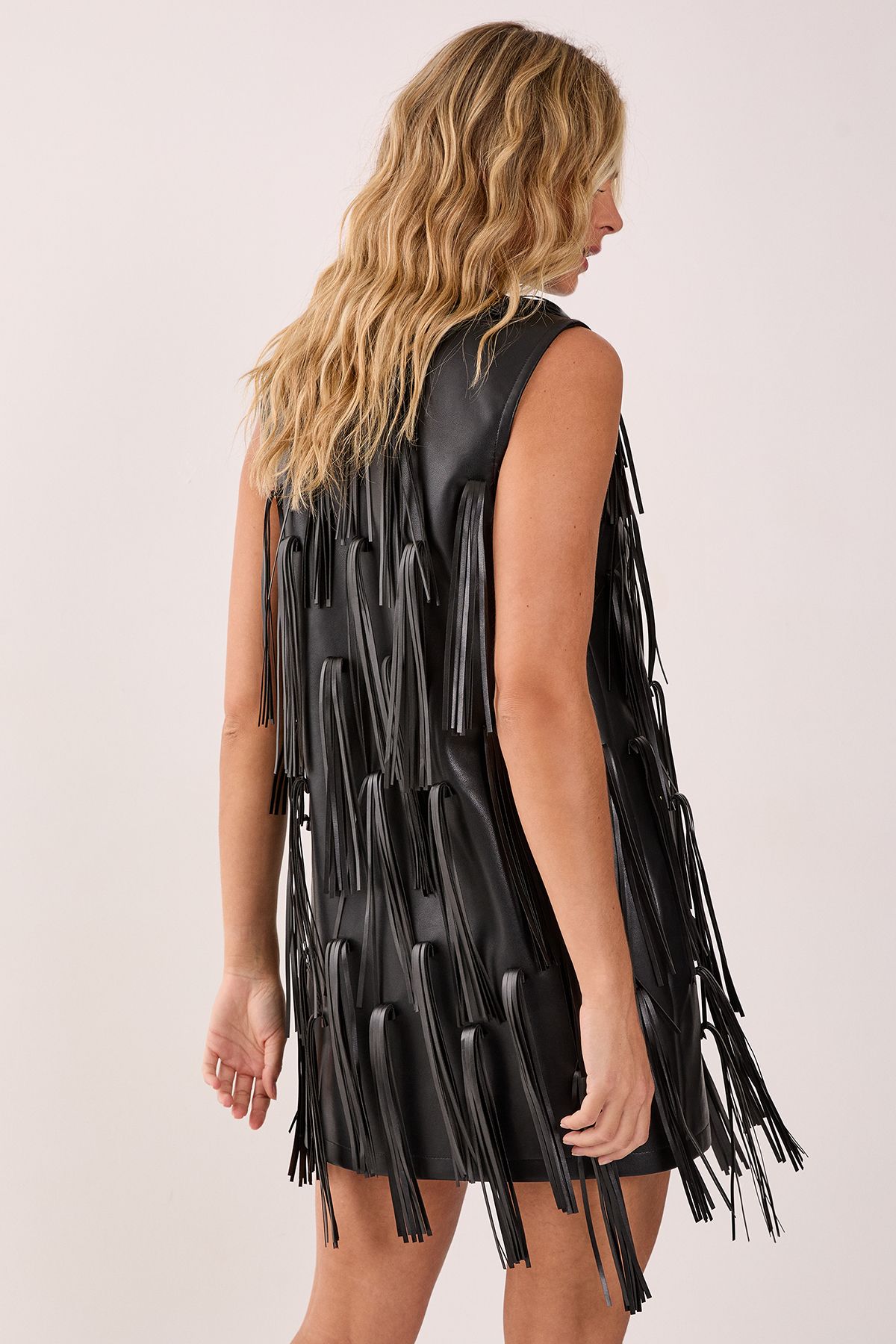 NastyGal Faux Leather Tassel Plunge Mini Dress Black image 3