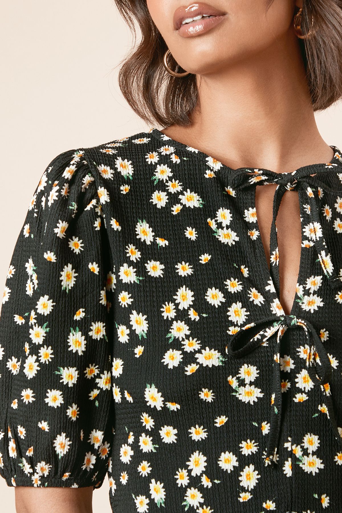 Dorothy Perkins Floral Bow Tie Front Puff Sleeve Jersey Top Mono image 4