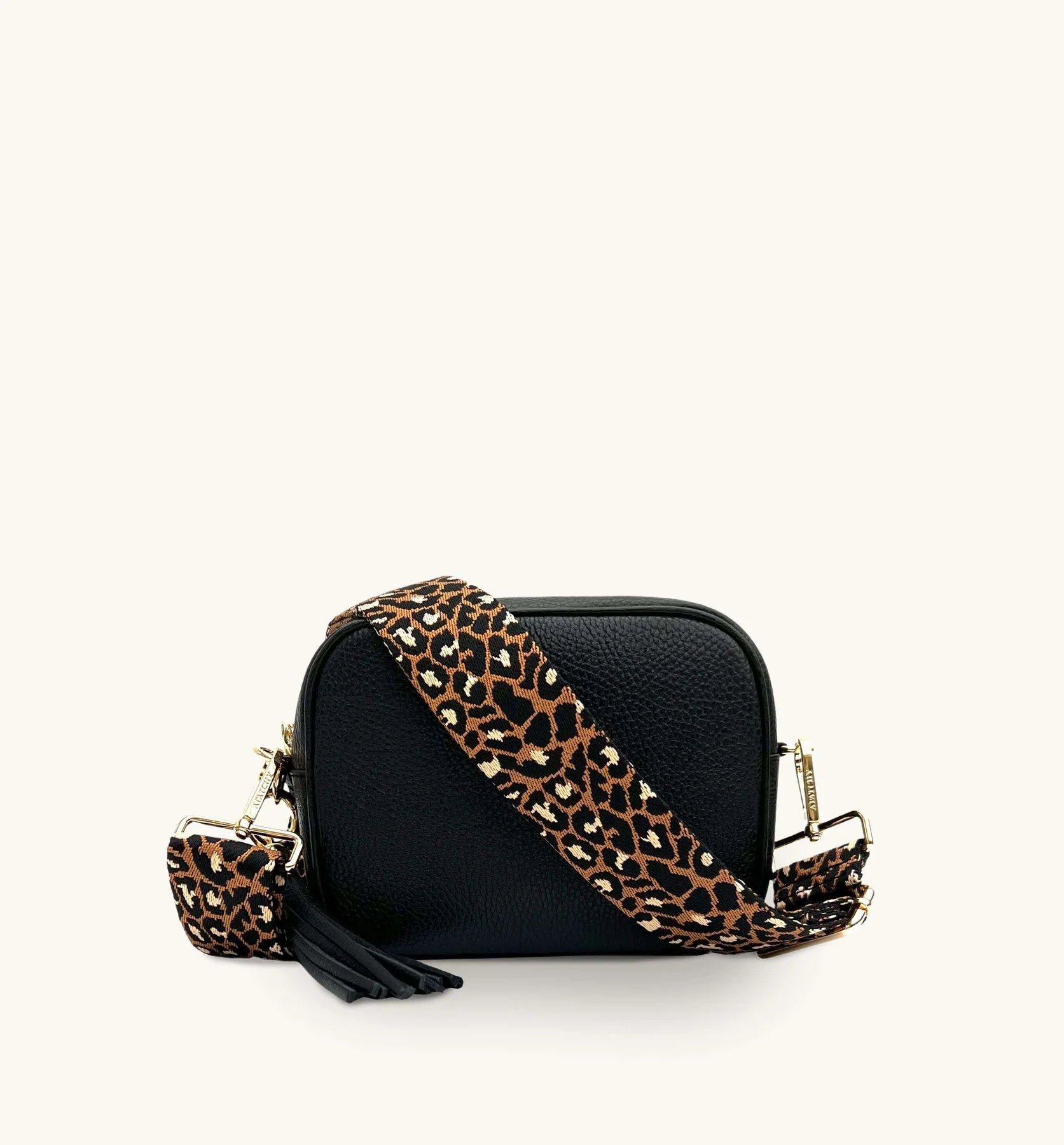 Apatchy London Black Leather Crossbody Bag With Tan Cheetah Strap image 1