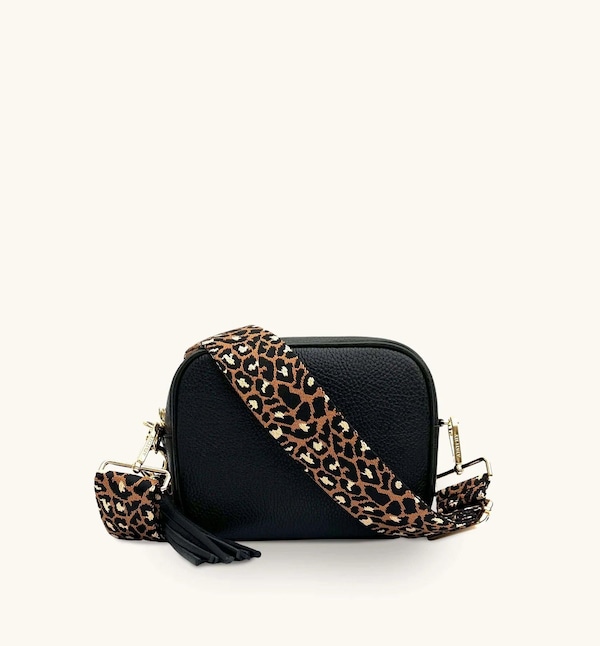 Apatchy London Black Leather Crossbody Bag With Tan Cheetah Strap