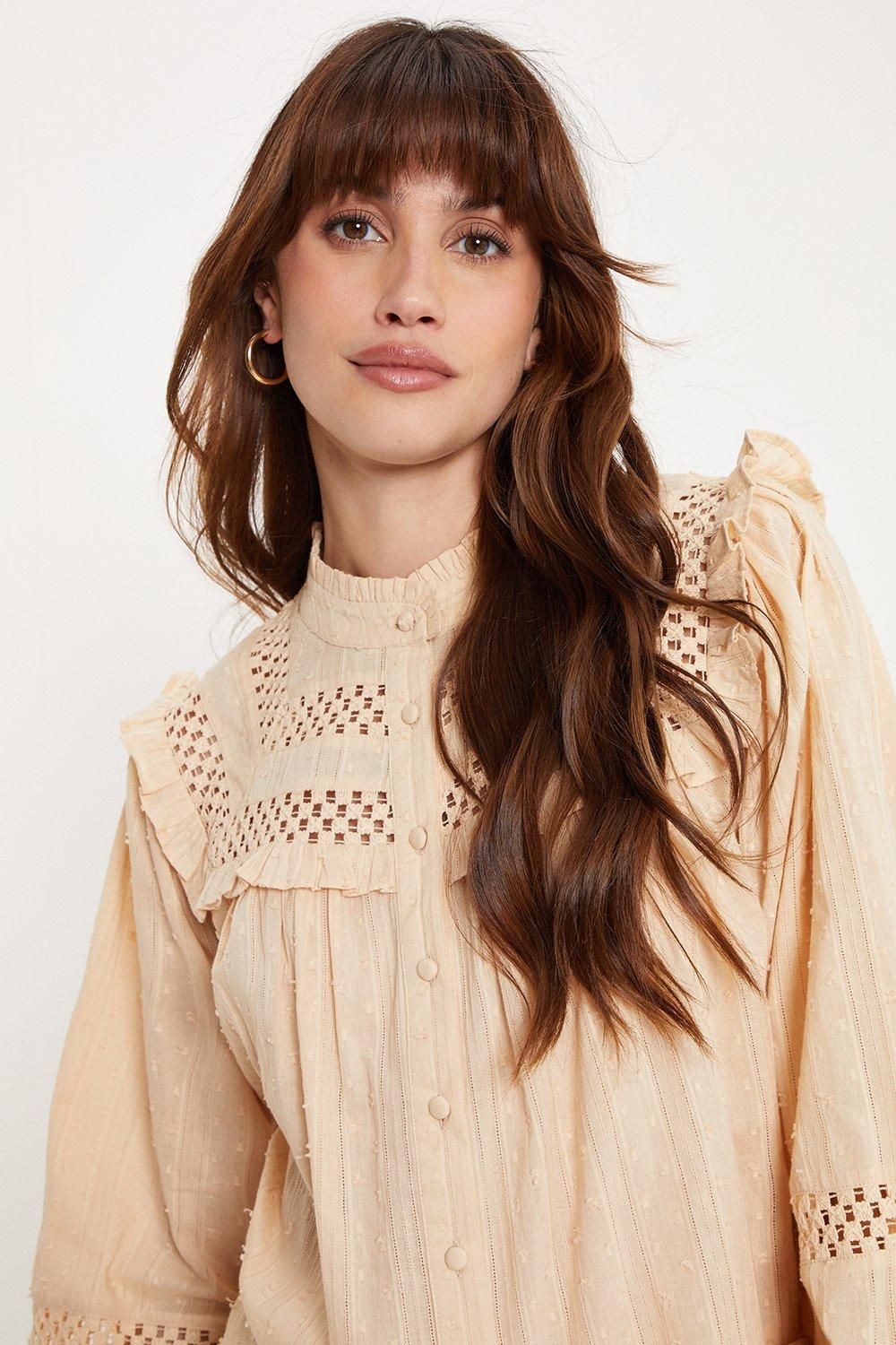 Oasis Trim Insert Ruffle Dobby Cotton Blouse Beige image 2