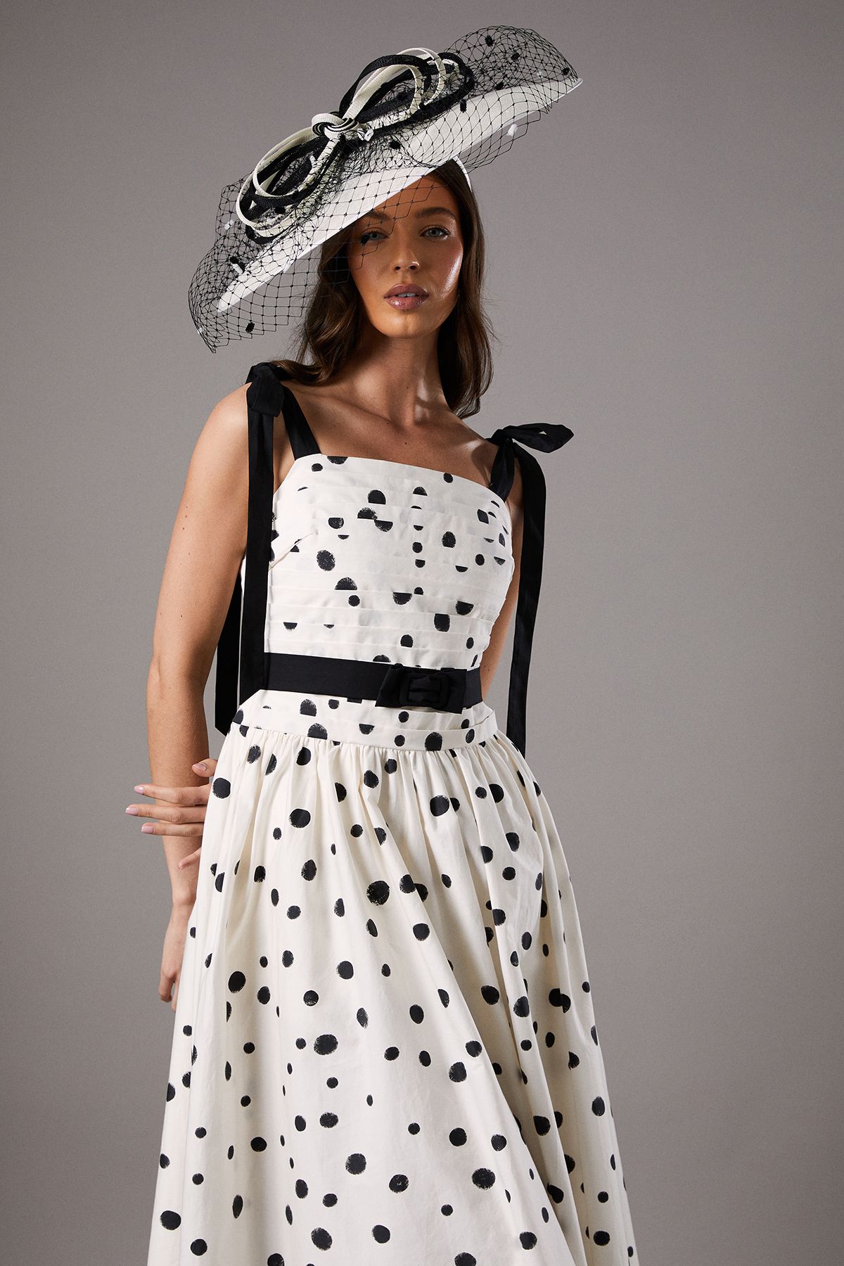 Coast Lisa Tan Mono Spot Bow Detail Midi Dress Mono image 4