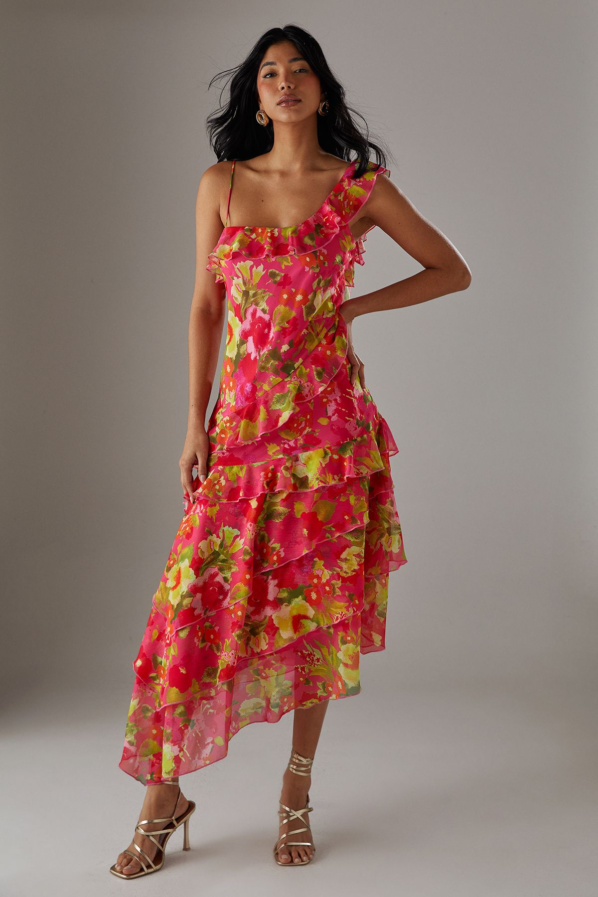 Warehouse Chiffon Asymmetric Hem Ruffle Midi Slip Dress Floral