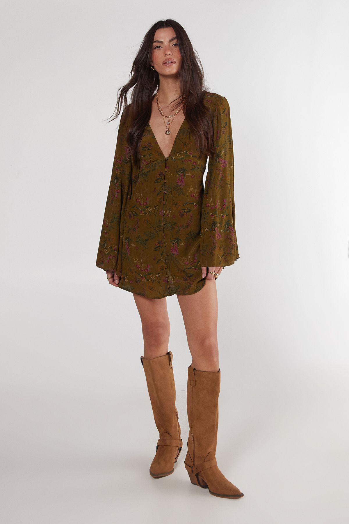 NastyGal Floral Print Extreme Sleeve Button Down Mini Dress Khaki image 2